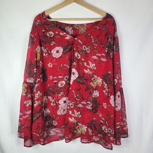 Design Lab Lord & Taylor Flare Sleeves Sheer Floral Flounce Blouse